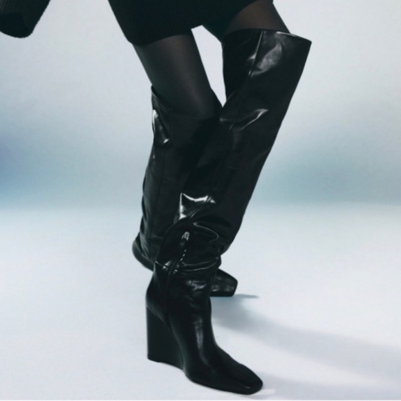 NWT Zara Leather Over The Knee Wedge Heel Boots, Size 7.5 - Picture 5 of 17